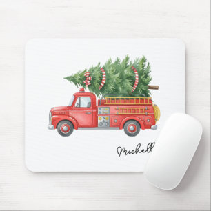 Watercolor Firefighter Christmas Fire Truck Mouse Pad