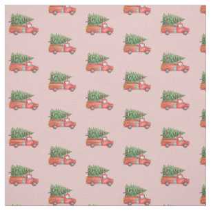 Watercolor Firefighter Christmas Fire Truck Pink Fabric