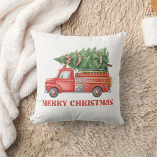 Watercolor Firefighter Christmas Fire Truck Throw Pillow