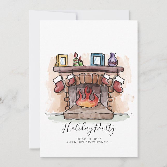 Watercolor Fireplace Holiday Party Invitation (Front)
