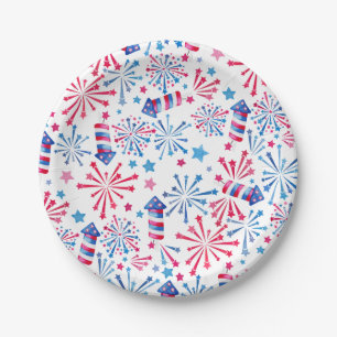 Watercolor Fireworks Rockets 4th of July Party  Paper Plate