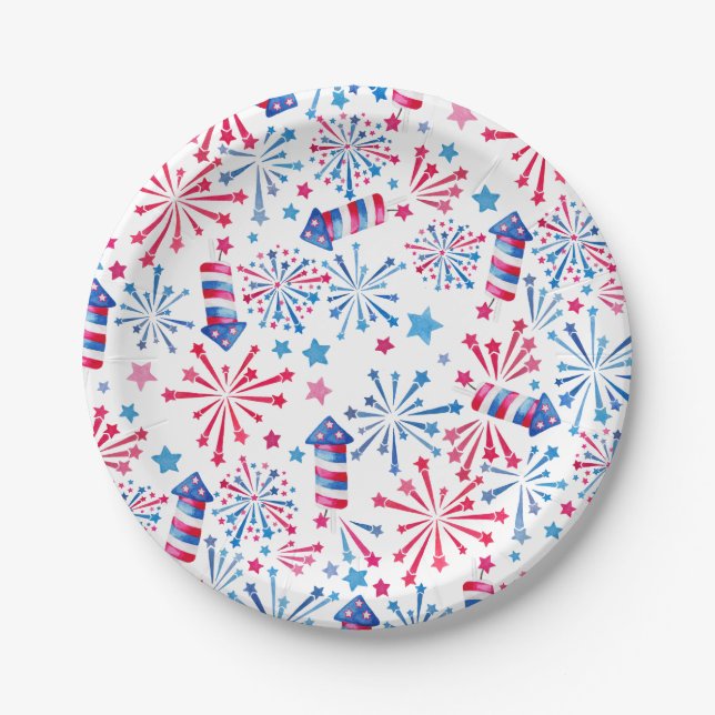 Watercolor Fireworks Rockets 4th of July Party  Paper Plate (Front)