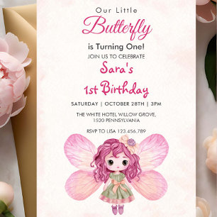 Watercolor First 1st Birthday Cute Girl Butterfly Invitation