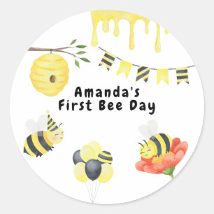Watercolor First Bee Day Birthday Party  Classic Round Sticker