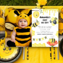 Watercolor First Bee Day Birthday Party Invitation