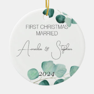 Watercolor First Christmas Married Eucalyptus Ceramic Ornament