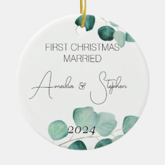 Watercolor First Christmas Married Eucalyptus Ceramic Ornament