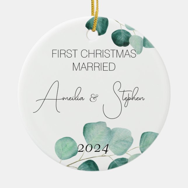 Watercolor First Christmas Married Eucalyptus Ceramic Ornament (Front)