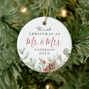 Watercolor First Christmas Mr. + Mrs. Ornament