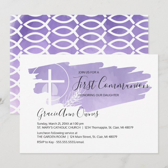 Watercolor First Communion Invitation - Purple (Front/Back)