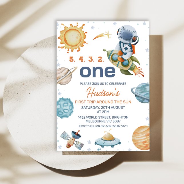Watercolor First Trip Around the Sun 1st Birthday Invitation (Editable First Trip Around the Sun Birthday Invitation Boy 1st Birthday Space Birthday Download )