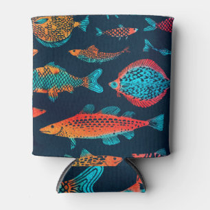 Watercolor Fishes: Deep Blue Seamless Can Cooler