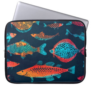 Watercolor Fishes: Deep Blue Seamless Laptop Sleeve