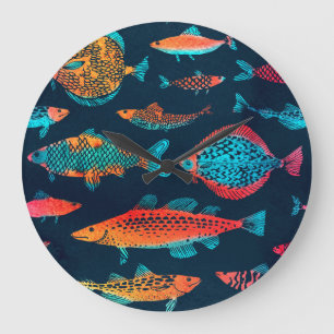 Watercolor Fishes: Deep Blue Seamless Large Clock