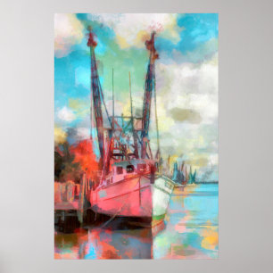 Watercolor Fishing Boat at Sunset Poster