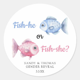 Watercolor Fishing Gender Reveal Classic Round Sticker