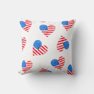 Watercolor flag of America in the shape of hearts Throw Pillow