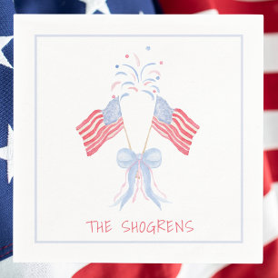Watercolor Flags & Fireworks 4th of July Custom Napkin