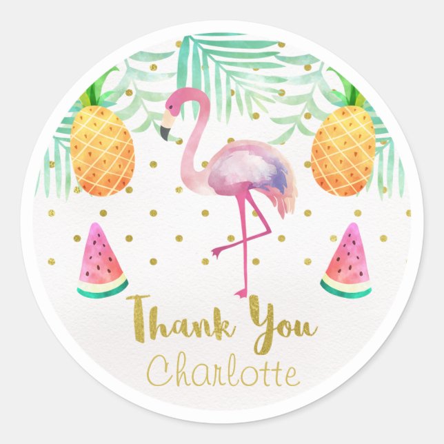 Watercolor Flamingo 1st Birthday Favour Sticker (Front)