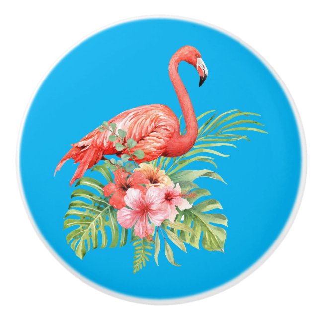 Watercolor Flamingo and Hibiscus Ceramic Knob (Front)