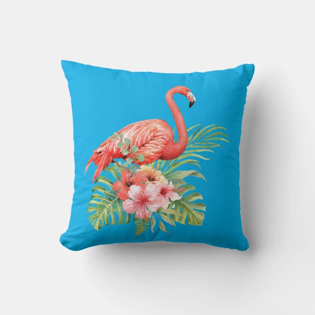 Watercolor Flamingo and Hibiscus Flowers Throw Pillow (Front)