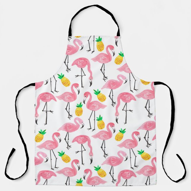 Watercolor Flamingo and Pineapple: Tropical Set. Apron (Front)