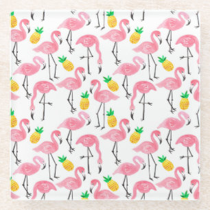 Watercolor Flamingo and Pineapple: Tropical Set. Glass Coaster