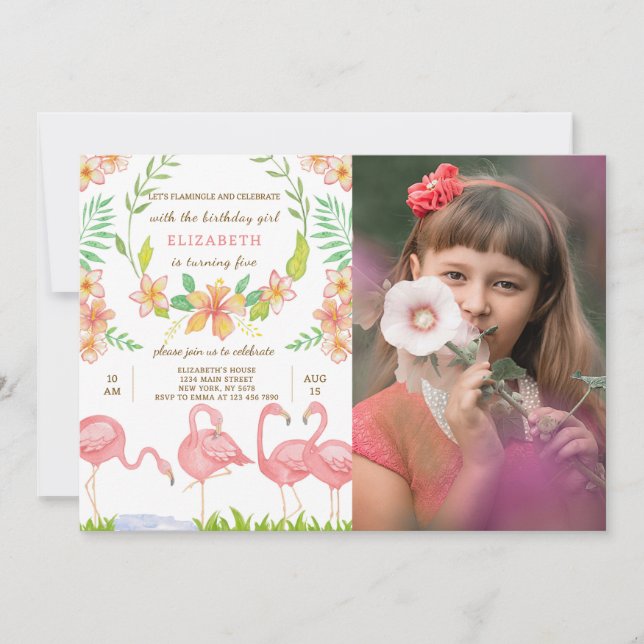Watercolor Flamingo Birthday Invitation With Photo (Front)