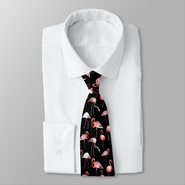 Watercolor flamingo black pattern tropical bird tie (Tied)