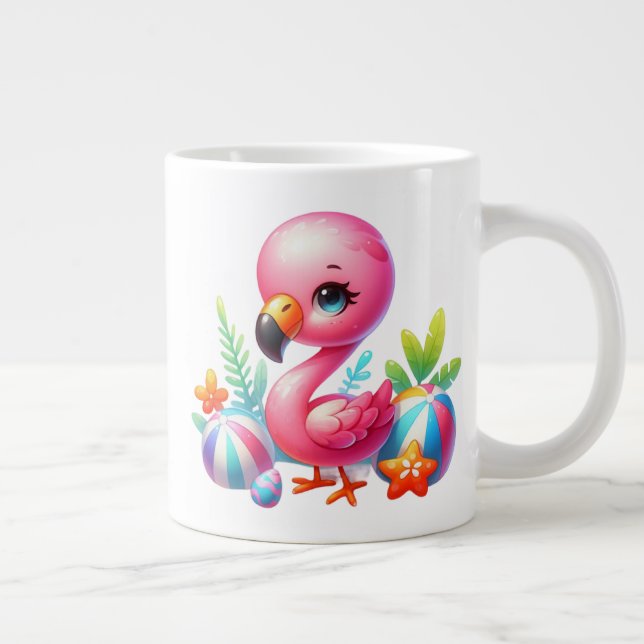 Watercolor Flamingo Cartoon Clipart  Large Coffee Mug (Right)