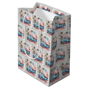 Watercolor Flamingo In Blue Retro Truck Medium Gift Bag