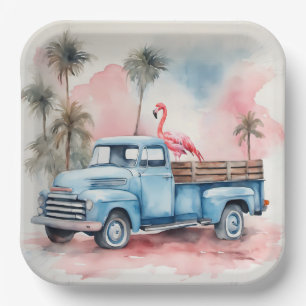 Watercolor Flamingo In Retro Blue Truck Paper Plate