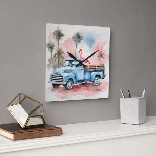 Watercolor Flamingo In Retro Blue Truck Square Wall Clock (Office)