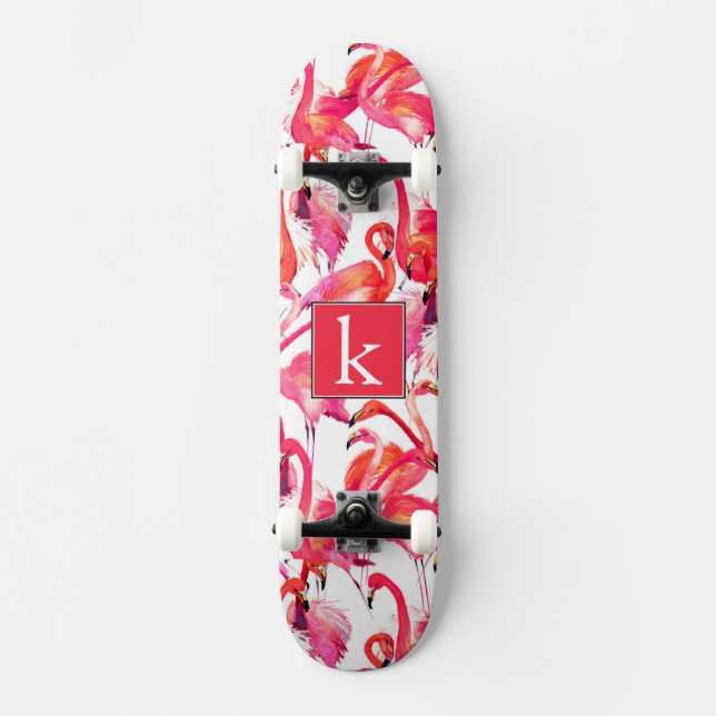 Watercolor Flamingo In Watercolors | Add Your Name Skateboard (Front)
