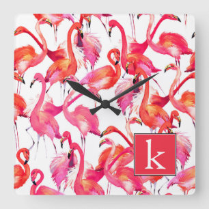 Watercolor Flamingo In Watercolors   Add Your Name Square Wall Clock