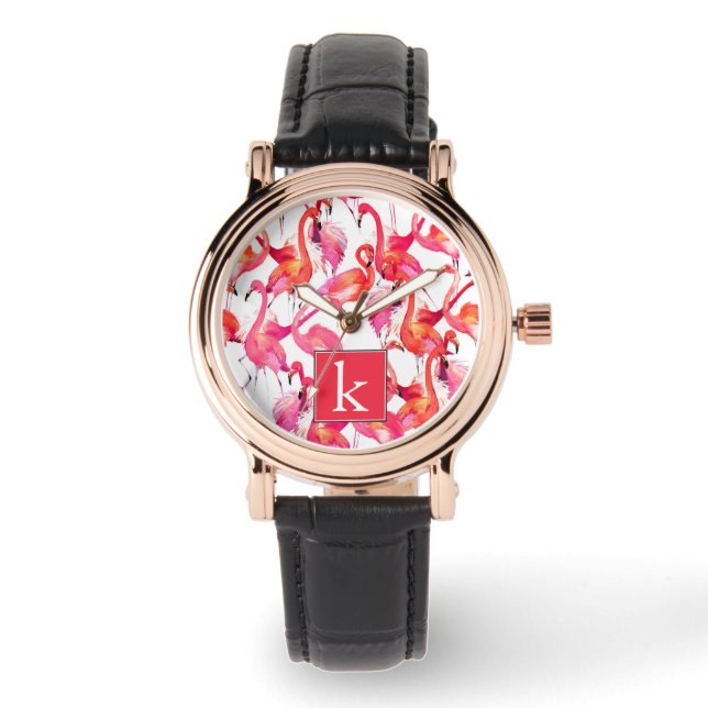 Watercolor Flamingo In Watercolors | Add Your Name Watch (Front)