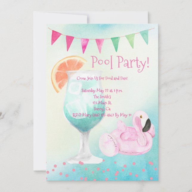 Watercolor Flamingo Pool Party Invitation (Front)