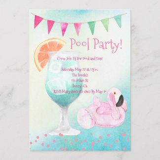 Watercolor Flamingo Pool Party Invitation