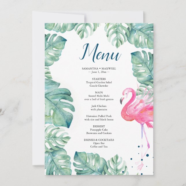 Watercolor Flamingo Tropical Menu Invitation (Front)