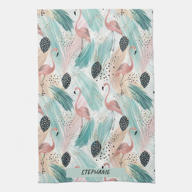 Watercolor Flamingo Tropical Pattern Kitchen Towel (Vertical)