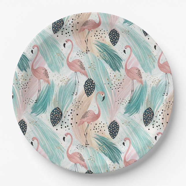 Watercolor Flamingo Tropical Pattern Paper Plate (Front)