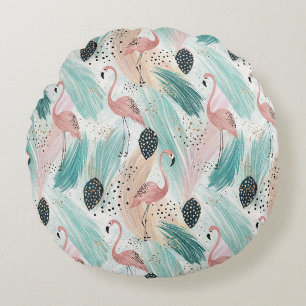 Watercolor Flamingo Tropical Pattern Round Pillow