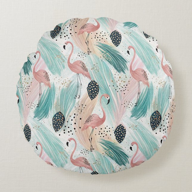 Watercolor Flamingo Tropical Pattern Round Pillow (Front)