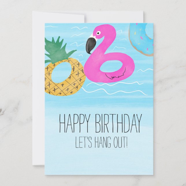 Watercolor Flamingo Tropical Pool Birthday Friend Card (Front)