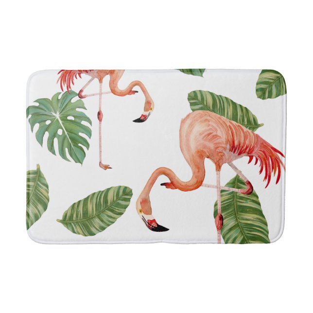 Watercolor Flamingo w Tropical Rainforest Leaves Bath Mat (Front)