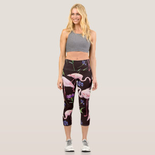 Watercolor flamingos and wild flowers pattern. capri leggings