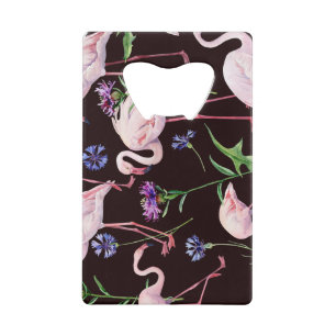 Watercolor flamingos and wild flowers pattern. credit card bottle opener