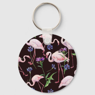 Watercolor flamingos and wild flowers pattern. keychain