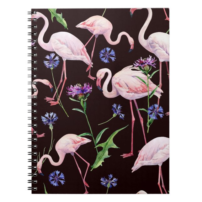 Watercolor flamingos and wild flowers pattern. notebook (Front)