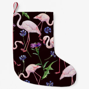 Watercolor flamingos and wild flowers pattern. small christmas stocking
